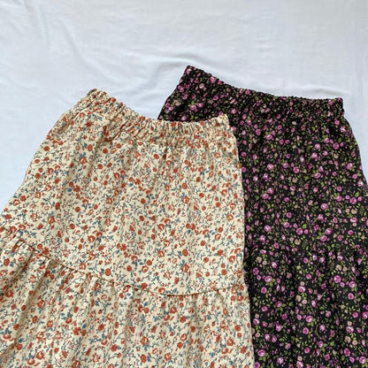 Elastic Waist Floral Tiered Corduroy Midi A-Line Skirt