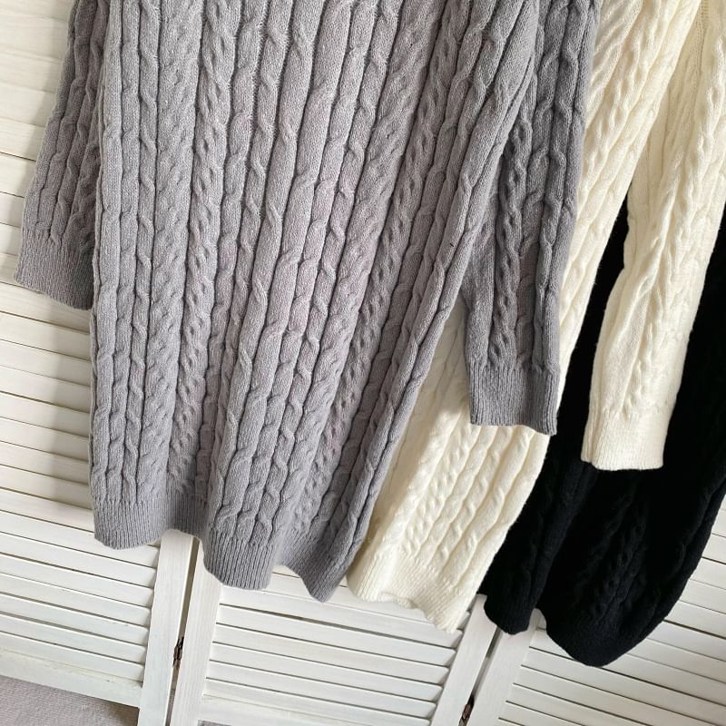 V-Neck Plain Cable Knit Sweater Dress