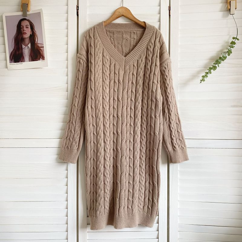 V-Neck Plain Cable Knit Sweater Dress