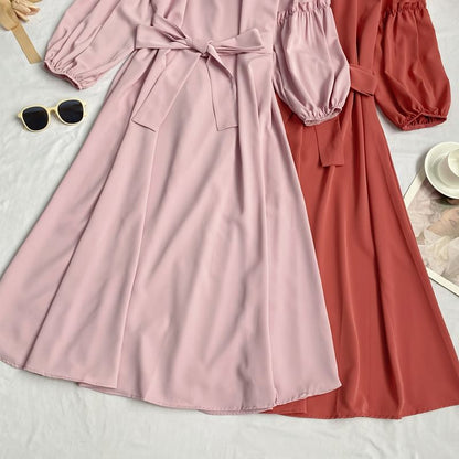 Long-Sleeve Crew Neck Plain Sashed Midi A-Line Dress