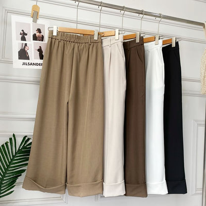 Elastic Waist Plain Roll Up Hem Dress Pants