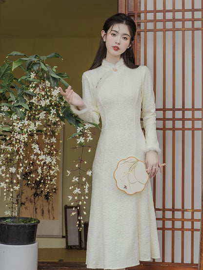 Long-Sleeve Floral Fluffy Trim Midi Mermaid Qipao