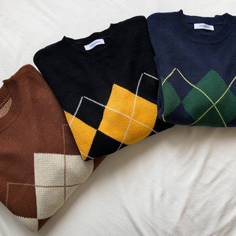 Crewneck Printed Plaid Color-Block Oversize Sweater