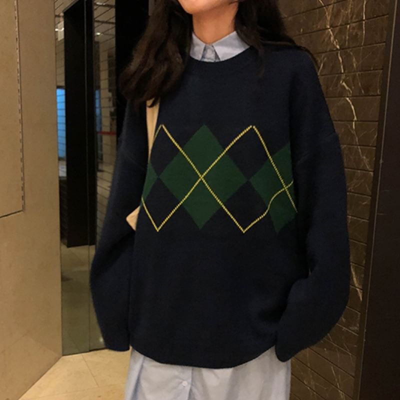 Crewneck Printed Plaid Color-Block Oversize Sweater