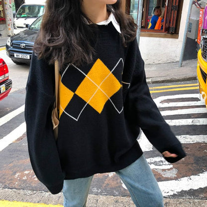 Crewneck Printed Plaid Color-Block Oversize Sweater