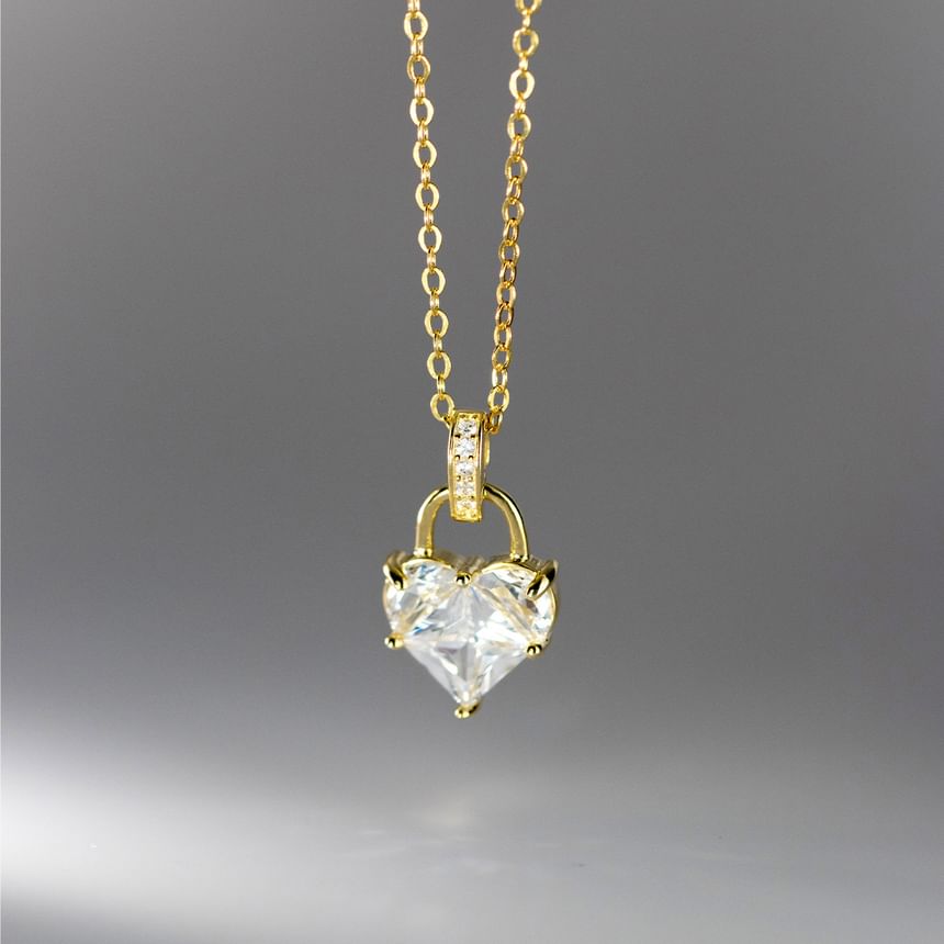 Heart Lock Rhinestone Pendant Sterling Silver Necklace