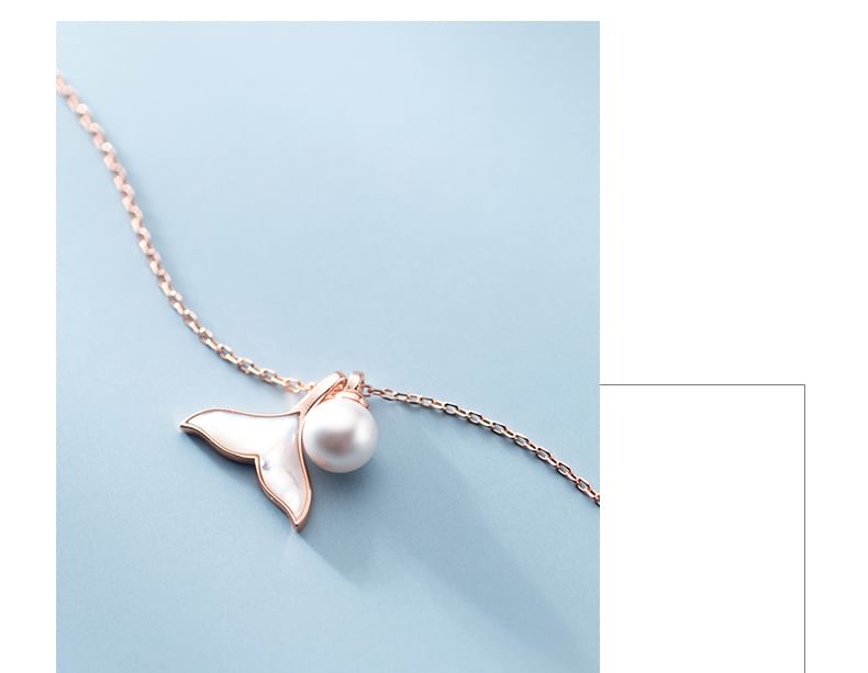 Mermaid Tail Shell Faux Pearl Pendant Sterling Silver Necklace