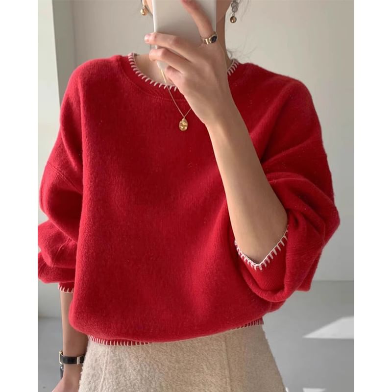 Crew Neck Plain Contrast Stitching Sweater