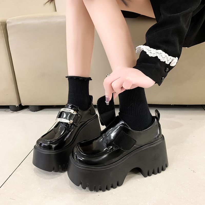 Strap Leather Adhesive Platform Loafers Patent Buckled