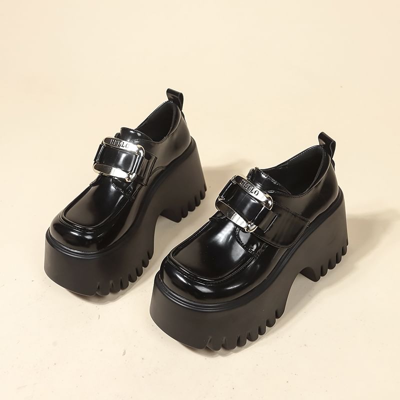 Strap Leather Adhesive Platform Loafers Patent Buckled