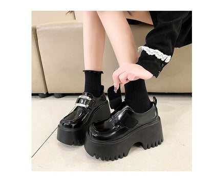 Strap Leather Adhesive Platform Loafers Patent Buckled