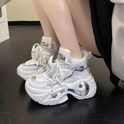 Leather Lace-Up Panel Top Platform Faux Sneakers Metallic High