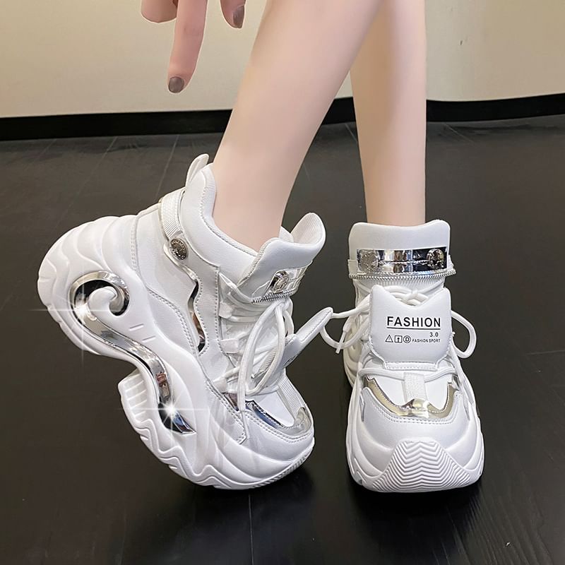 Leather Lace-Up Panel Top Platform Faux Sneakers Metallic High