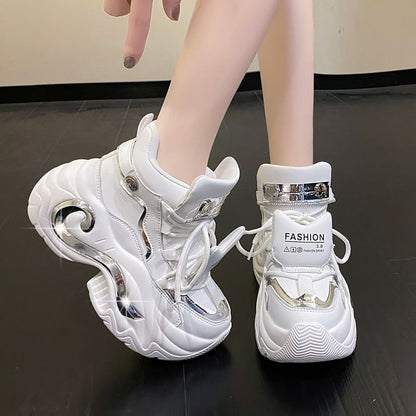 Leather Lace-Up Panel Top Platform Faux Sneakers Metallic High