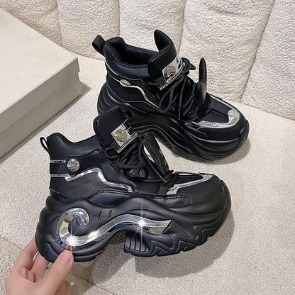 Leather Lace-Up Panel Top Platform Faux Sneakers Metallic High