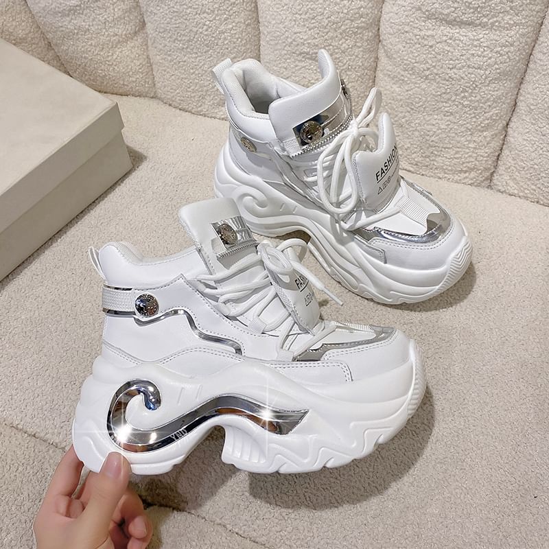 Leather Lace-Up Panel Top Platform Faux Sneakers Metallic High