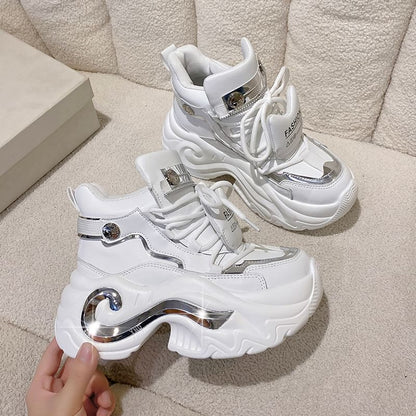Leather Lace-Up Panel Top Platform Faux Sneakers Metallic High