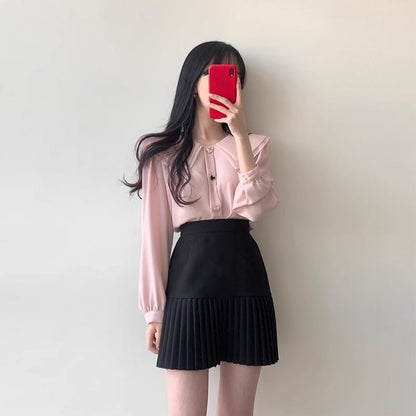 Long-Sleeve Plain Heart Button Blouse / High Waist Accordion Pleated Mini A-Line Skirt