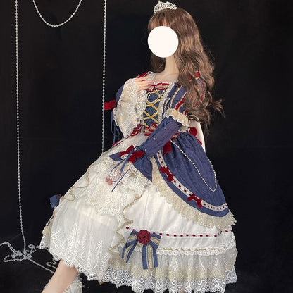 Puff Sleeve Square Neck Bow Ruffle Panel Midi A-Line Lolita Dress