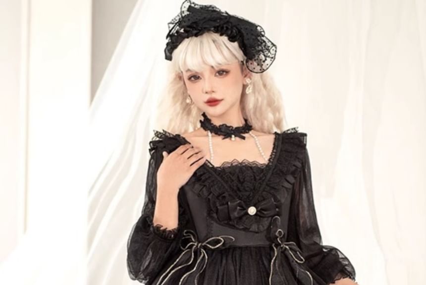 Square Neck Butterfly Print Bow Ruffle A-Line Lolita Dress / Lace Socks / Crinoline (Various Designs)