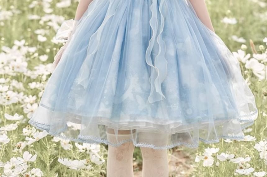 Square Neck Butterfly Print Bow Ruffle A-Line Lolita Dress / Lace Socks / Crinoline (Various Designs)