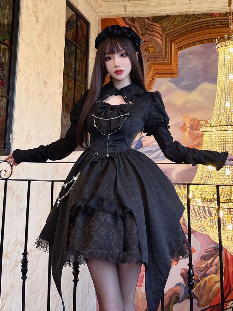 Lolita Puff Sleeve Collared Plain Cutout Ruffle Lace Up Mini A-Line Dress / Chain / Crinoline / Set