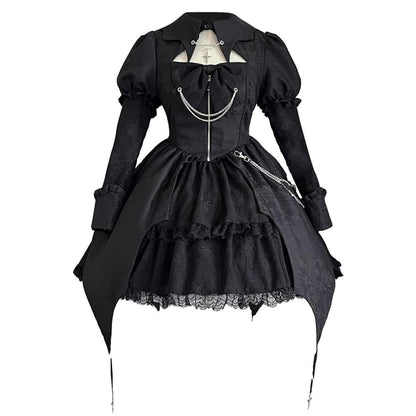 Lolita Puff Sleeve Collared Plain Cutout Ruffle Lace Up Mini A-Line Dress / Chain / Crinoline / Set