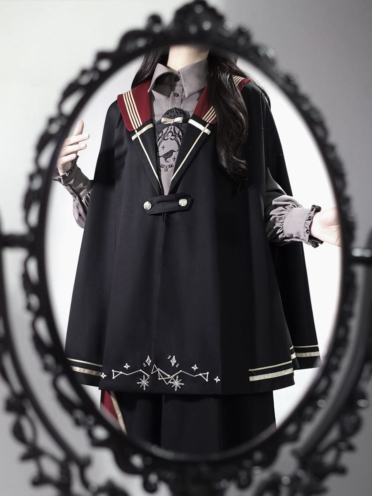 Lolita Long-Sleeve Collared Bird Embroidered Pintuck Shirt / Cape / High Waist Panel Midi A-Line Skirt / Set