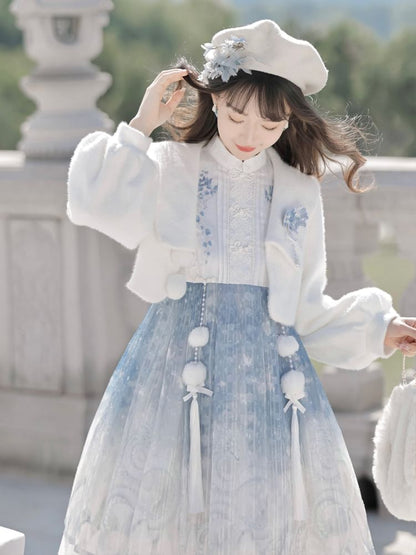 Lolita Sleeveless Mandarin Collar Floral Embroidered Pintuck Panel Mini A-Line Dress / Collared Floral Applique Crop Button Jacket / Set