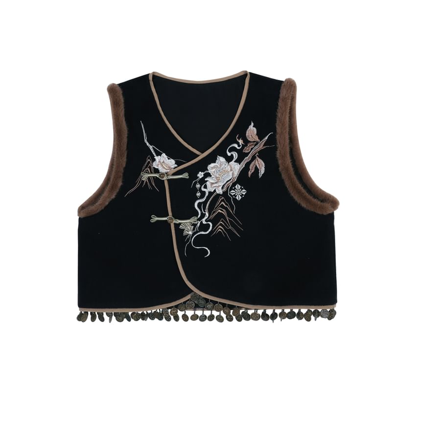 Lolita V-Neck Floral Embroidered Fluffy Trim Frog Closure Vest / High Waist Pleated Midi A-Line Skirt / Faux Pearl Charm / Long-Sleeve Mandarin Collar Blouse / Tassel Crossbody Bag / Set