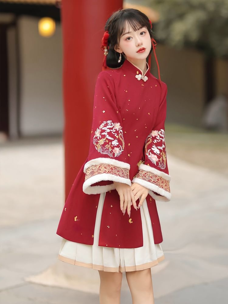 Lolita Long-Sleeve Mandarin Collar Floral Embroidered Slit Mini A-Line Dress / High Waist Contrast Trim Pleated Mini A-Line Skirt / V-Neck Bow Fluffy Trim Crop Vest / Set