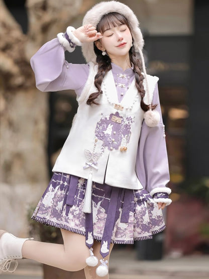 Long-Sleeve Mandarin Collar Lolita Floral Embroidered Fluffy Trim Blouse / V-Neck Rabbit Embroidered Faux Pearl Button Vest / High Waist Print Pleated Mini A-Line Skirt / Charm / Set