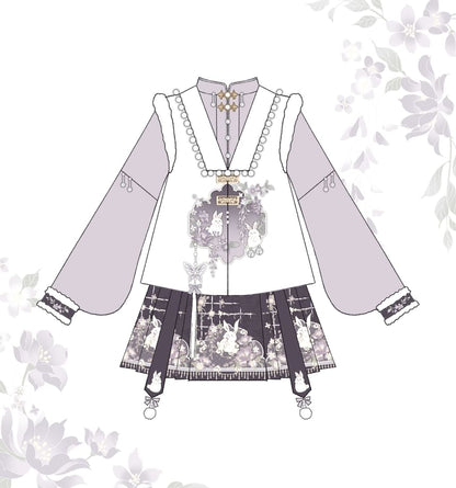 Long-Sleeve Mandarin Collar Lolita Floral Embroidered Fluffy Trim Blouse / V-Neck Rabbit Embroidered Faux Pearl Button Vest / High Waist Print Pleated Mini A-Line Skirt / Charm / Set