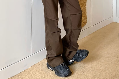 Low Waist Plain Straight-Fit Wide-Leg Cargo Pants