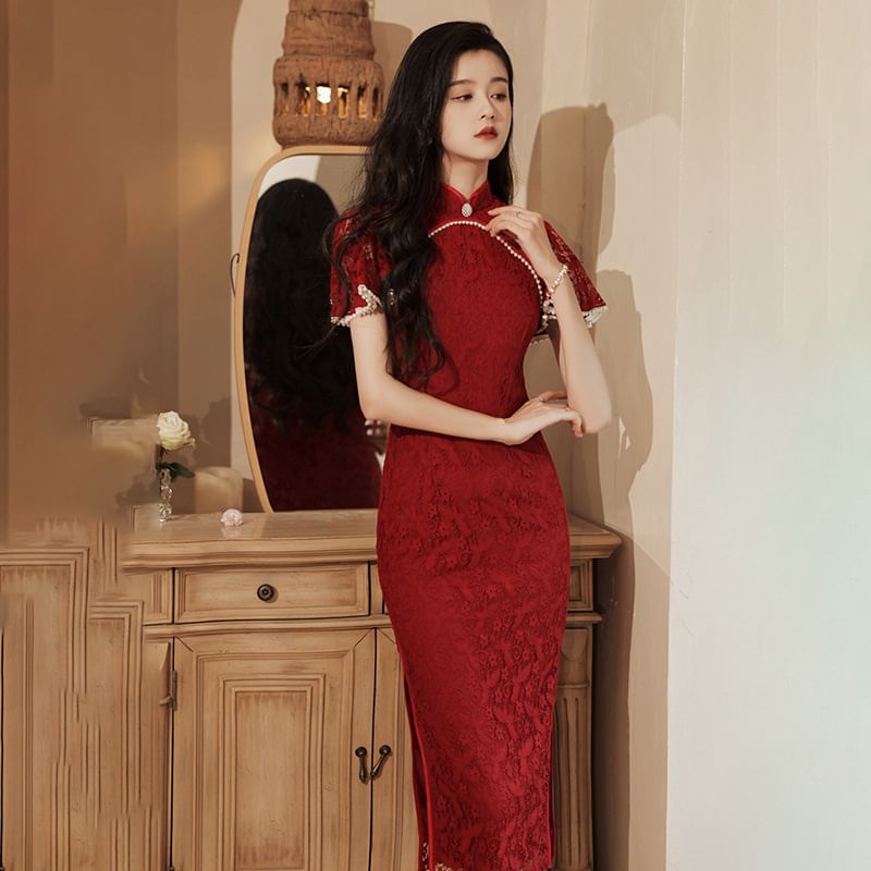 Short-Sleeve Lace Mini Qipao Dress