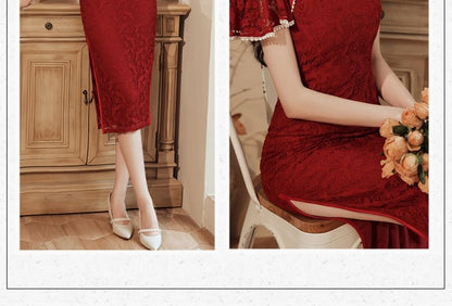 Short-Sleeve Lace Mini Qipao Dress