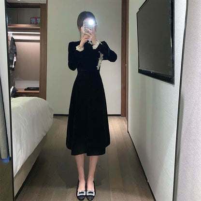 Long-Sleeve Lace Trim Velvet Midi Qipao Dress