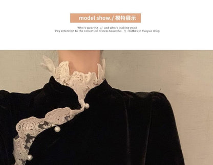 Long-Sleeve Lace Trim Velvet Midi Qipao Dress