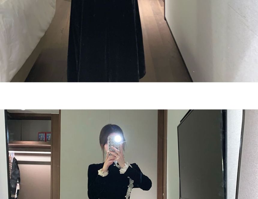 Long-Sleeve Lace Trim Velvet Midi Qipao Dress