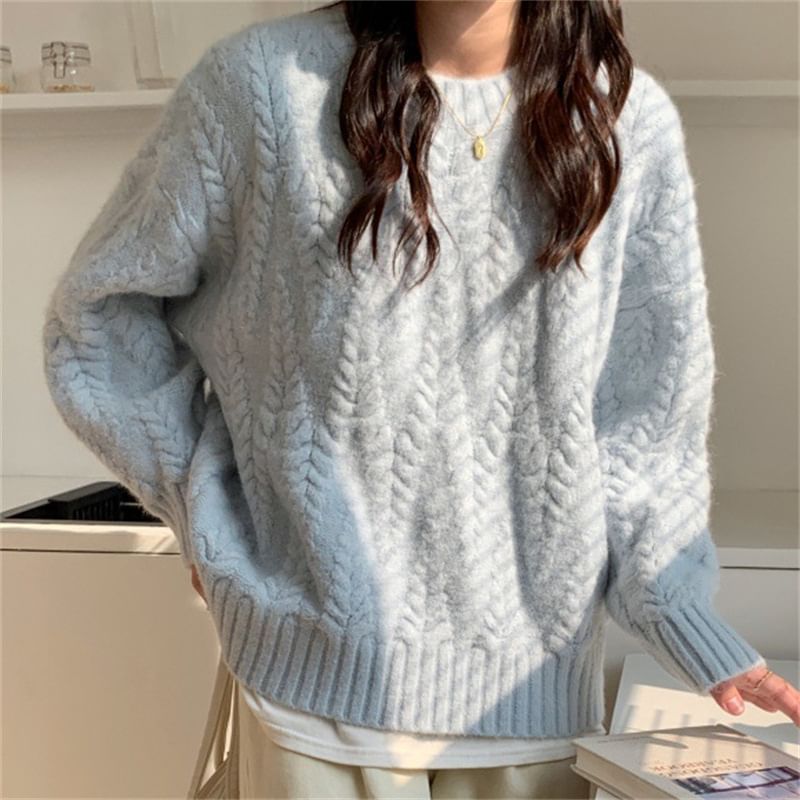 Sweater Crew Neck Plain Cable Long-Sleeve Knit