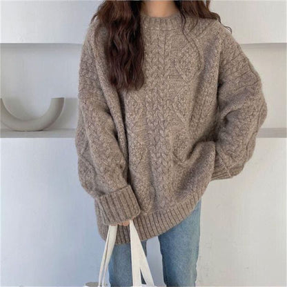 Sweater Crew Neck Plain Cable Long-Sleeve Knit