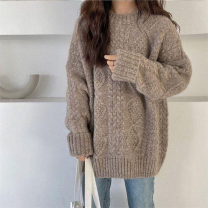 Sweater Crew Neck Plain Cable Long-Sleeve Knit