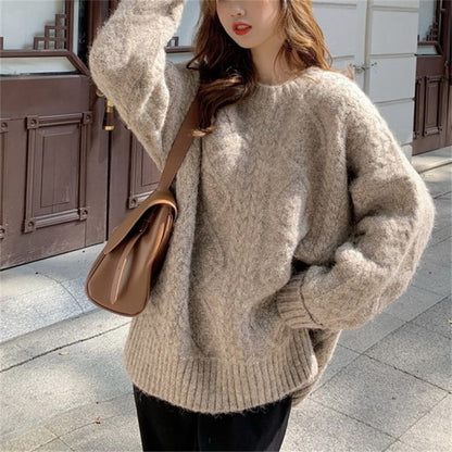 Sweater Crew Neck Plain Cable Long-Sleeve Knit