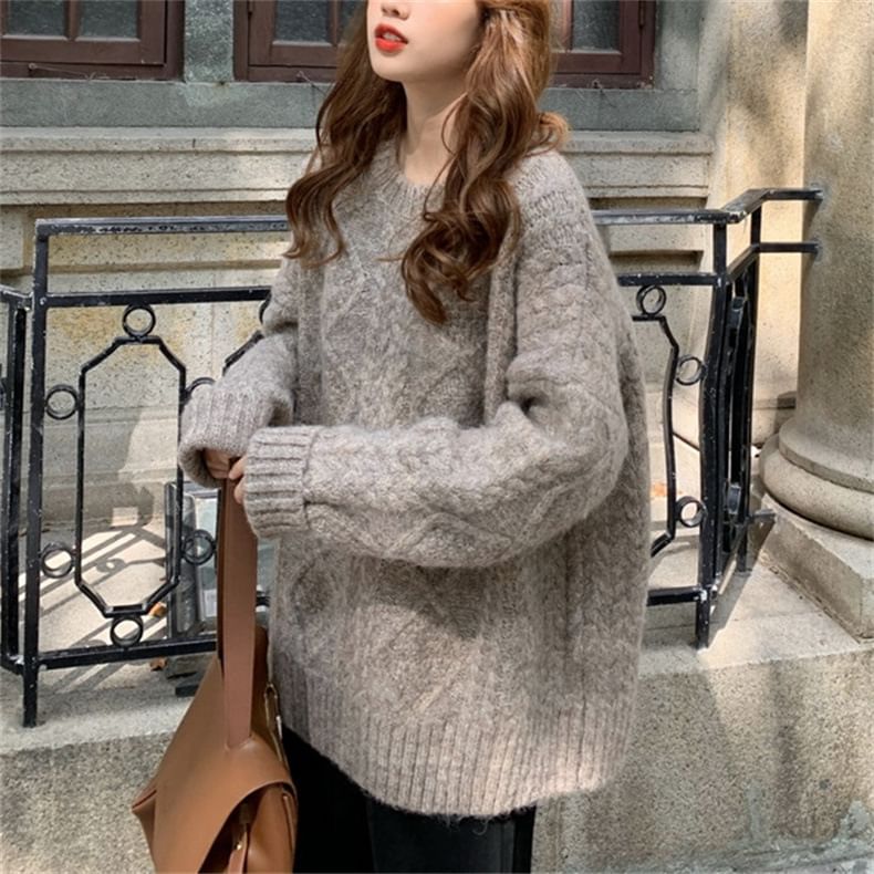 Sweater Crew Neck Plain Cable Long-Sleeve Knit
