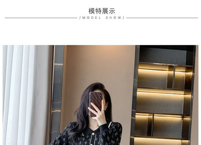 Long-Sleeve Collar Patterned Knit Mini Sheath Dress