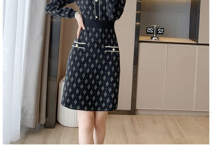 Long-Sleeve Collar Patterned Knit Mini Sheath Dress