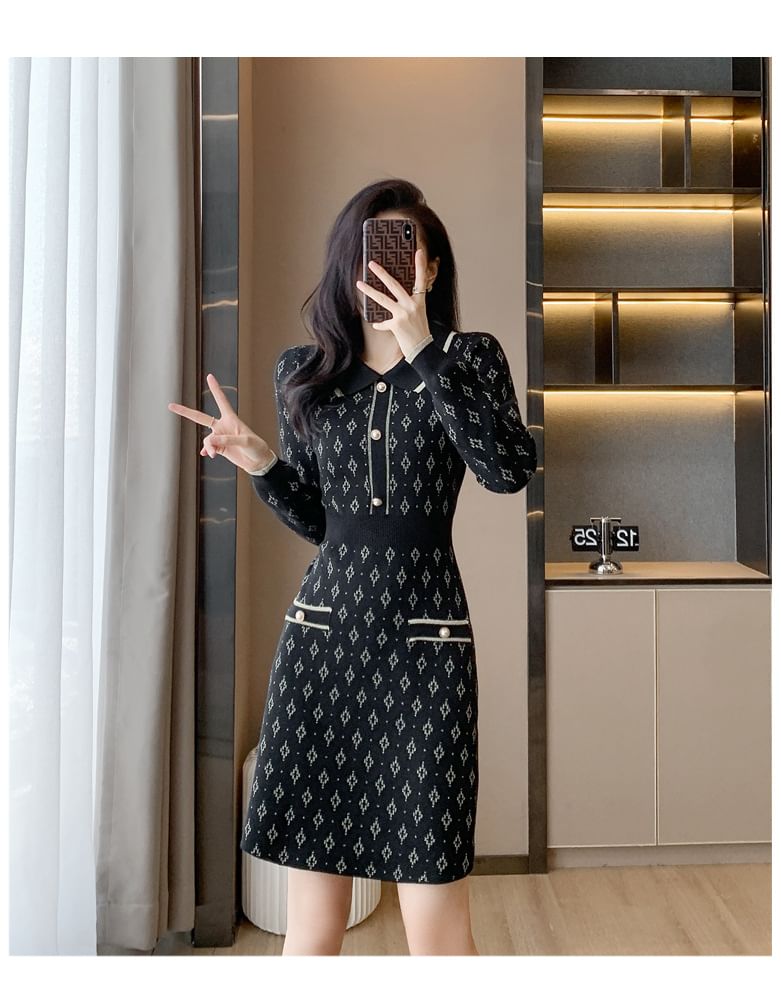 Long-Sleeve Collar Patterned Knit Mini Sheath Dress