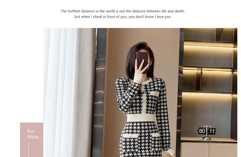 Long-Sleeve Crew Neck Patterned Knit Mini Sheath Dress