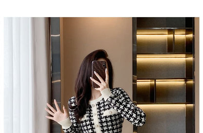 Long-Sleeve Crew Neck Patterned Knit Mini Sheath Dress