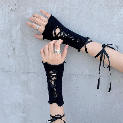 Ribbon Lace-Up Fingerless Gloves